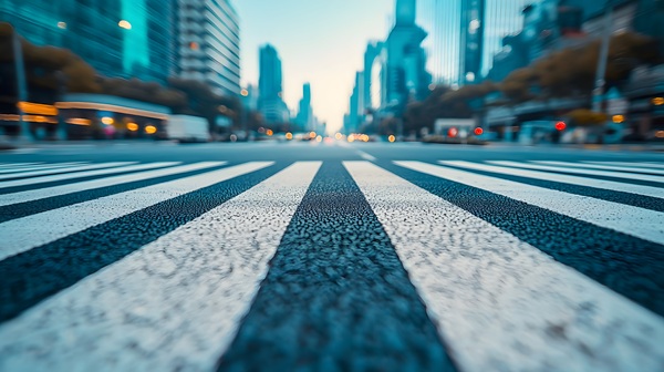 Low-angle view of a city crosswalk at dawn with blurred buildings and traffic lights in the background.