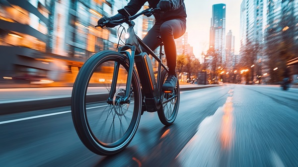 A cyclist rides a black e-bike on a city street, with the background blurred.