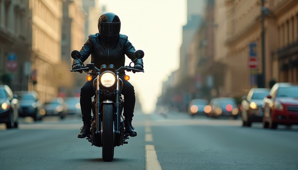 Motorcyclist rides motorbike wearing helmet and leather jacket on city street. 