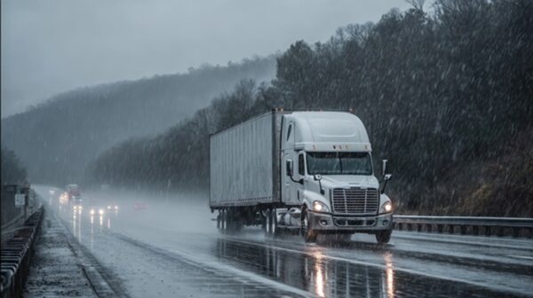  A white semi-truck driving on a wet highway during a heavy storm in the winter.