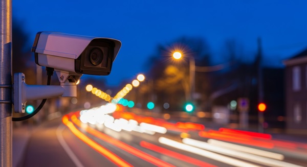 A speed enforcement camera monitoring traffic at night, similar to what lawmakers are considering making legal in Massachusetts communities.