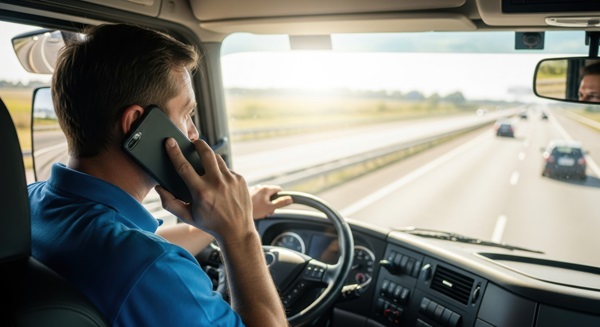 commercial truck driver speaking on a handheld cell phone while navigating a busy highway, a key form of negligence used to prove distracted driving in Connecticut semi-truck accident cases.