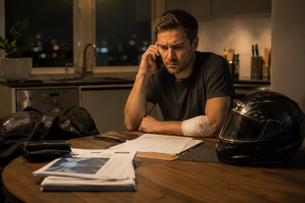 A man with a bandaged arm sits at a table with a motorcycle helmet and medical documents while speaking on a phone, illustrating the high-stakes process of providing recorded statements after a motorcycle accident in Massachusetts.